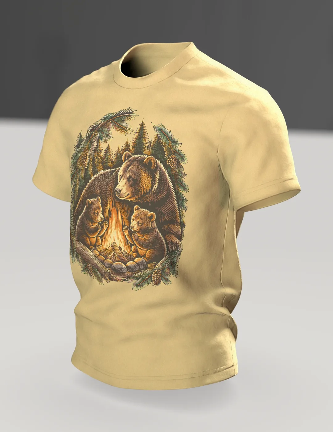 Papa Bear Shirt: Papa Bear Campfire with Two Little Cubs in the Forest, Woodcut Line Art for Camping Dads, In context, angled