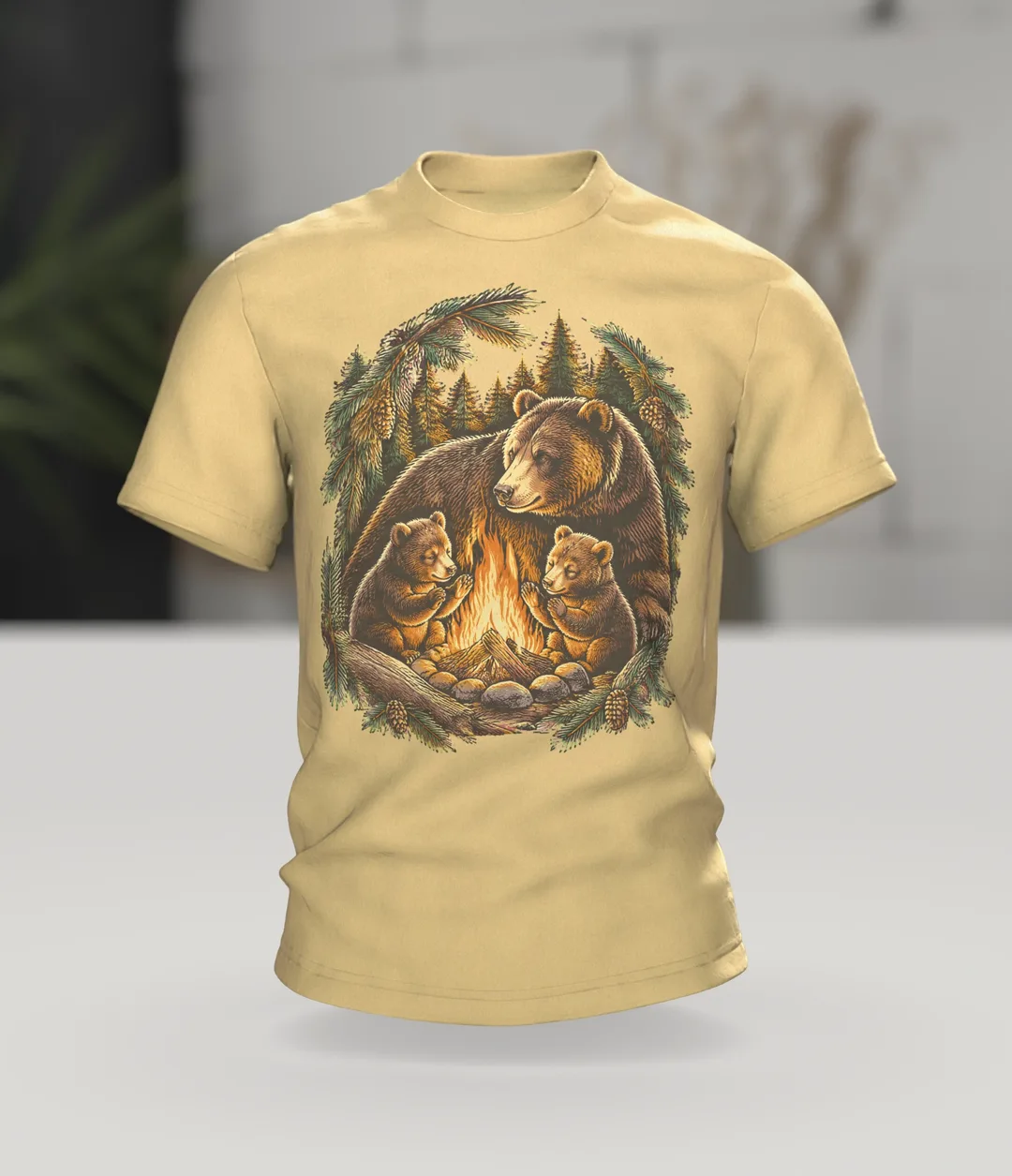 Papa Bear Shirt: Papa Bear Campfire with Two Little Cubs in the Forest, Woodcut Line Art for Camping Dads, In context