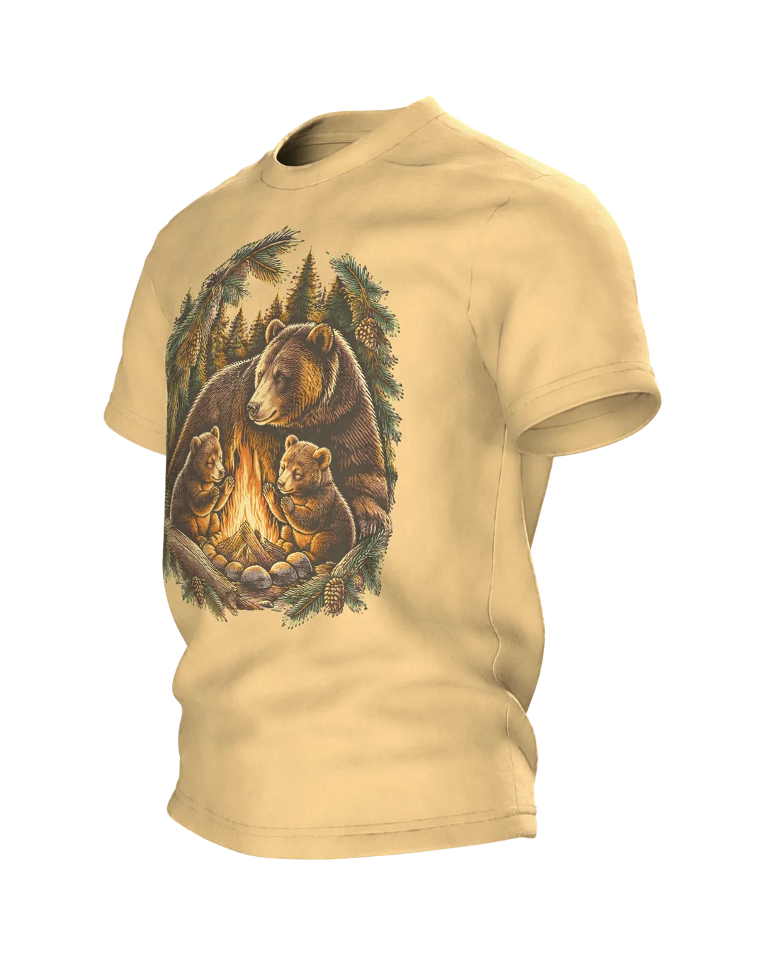 Papa Bear Shirt: Papa Bear Campfire with Two Little Cubs in the Forest, Woodcut Line Art for Camping Dads, Side view, right