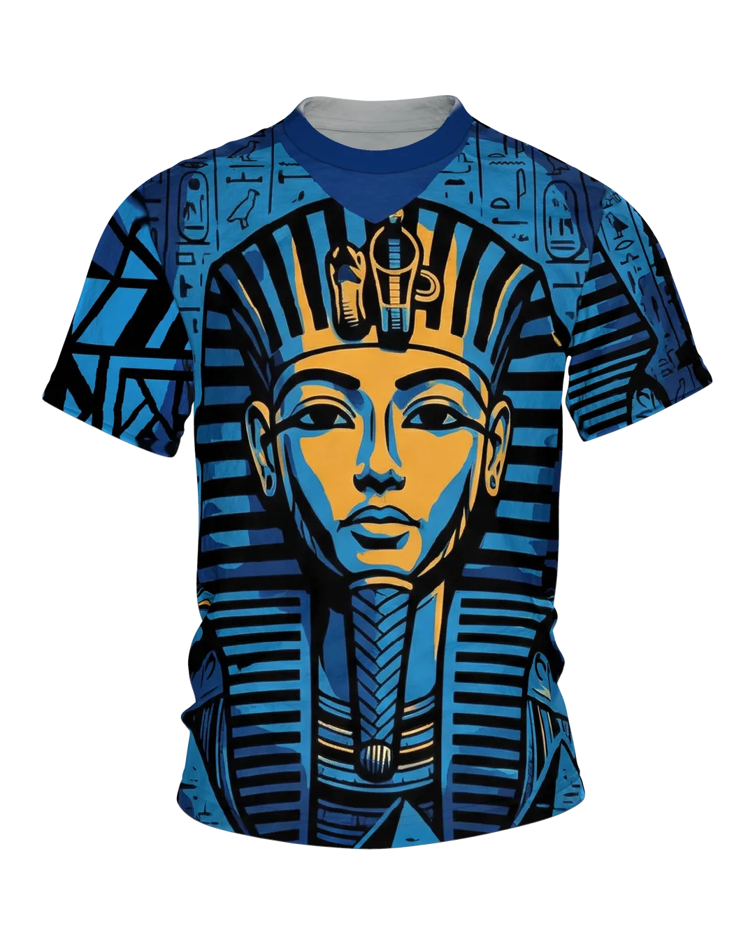Tutankhamun T-shirt, Pharaoh Mask over Hieroglyphs in Blue and Gold, Pyramid on the Back