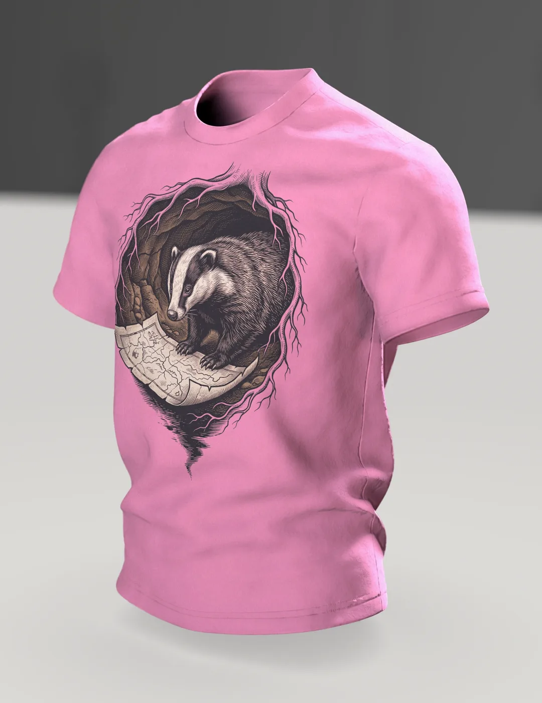 Dachs T-Shirt Holzschnitt Wildtier Naturkunde, Im Raum, schräg