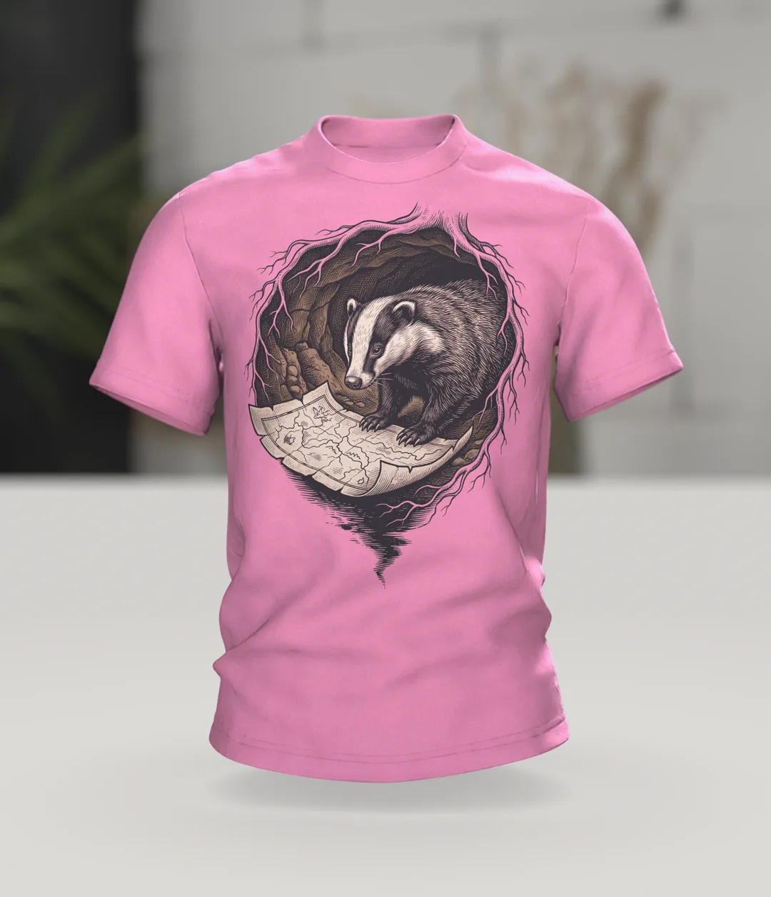 Dachs T-Shirt Holzschnitt Wildtier Naturkunde, Im Raum