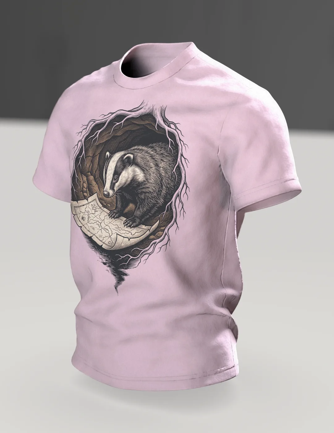 Badger T-shirt Woodcut Wildlife Natural History, In context, angled