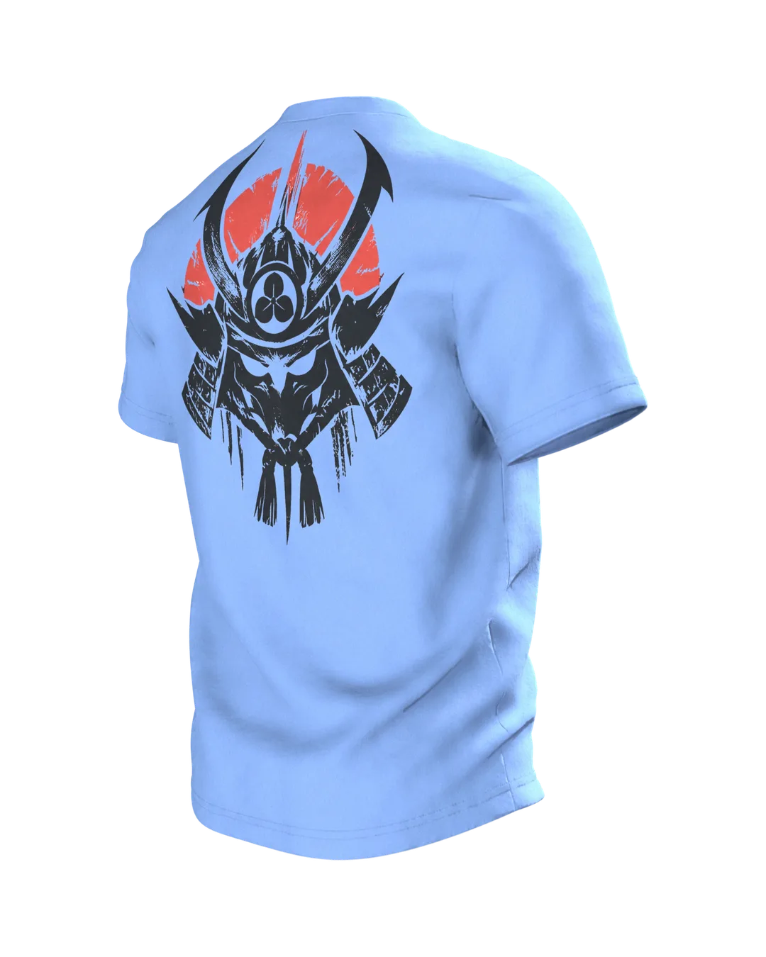 Samurai Silhouette T-Shirt, schwarze Schablonen-Büste mit Helm vor roter Mondsichel, Kabuto-Wappen am Rücken, Rückseite schräg links