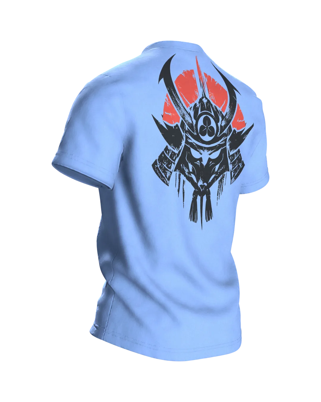 Samurai Silhouette T-Shirt, schwarze Schablonen-Büste mit Helm vor roter Mondsichel, Kabuto-Wappen am Rücken, Rückseite schräg rechts