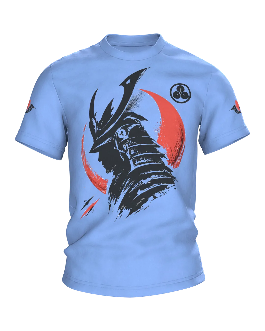 Samurai Silhouette T-shirt, black stencil bust with helmet before a red crescent moon, kabuto crest on the back