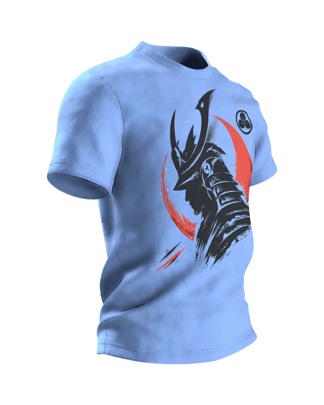 Samurai Silhouette T-Shirt, schwarze Schablonen-Büste mit Helm vor roter Mondsichel, Kabuto-Wappen am Rücken, Seitenansicht links