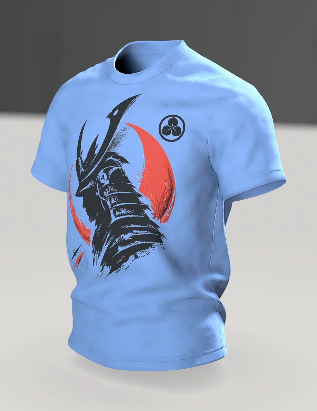 Samurai Silhouette T-Shirt, schwarze Schablonen-Büste mit Helm vor roter Mondsichel, Kabuto-Wappen am Rücken, Im Raum, schräg