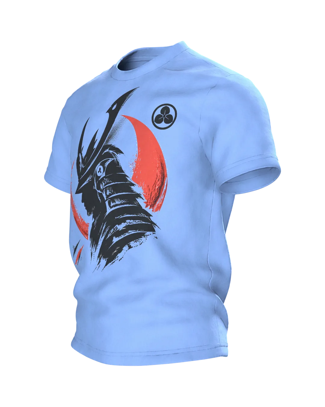 Samurai Silhouette T-Shirt, schwarze Schablonen-Büste mit Helm vor roter Mondsichel, Kabuto-Wappen am Rücken, Seitenansicht rechts