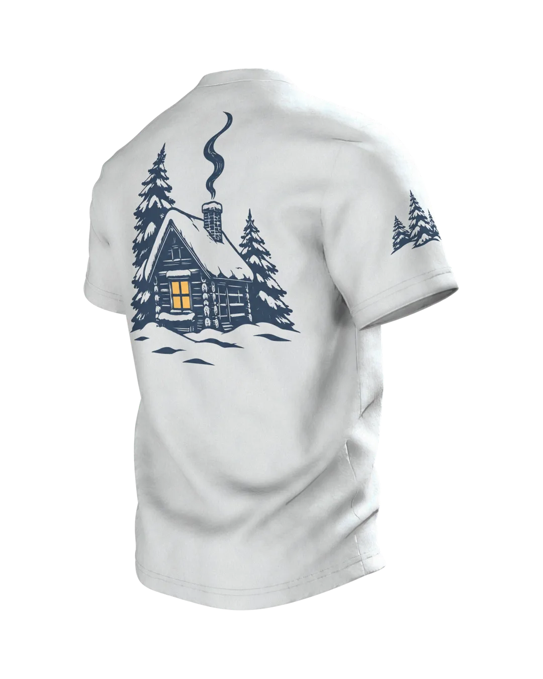 Winterwald T-Shirt: einsame Hütte im Winterwald bei Vollmond, nordischer Linolschnitt, Rückseite schräg links
