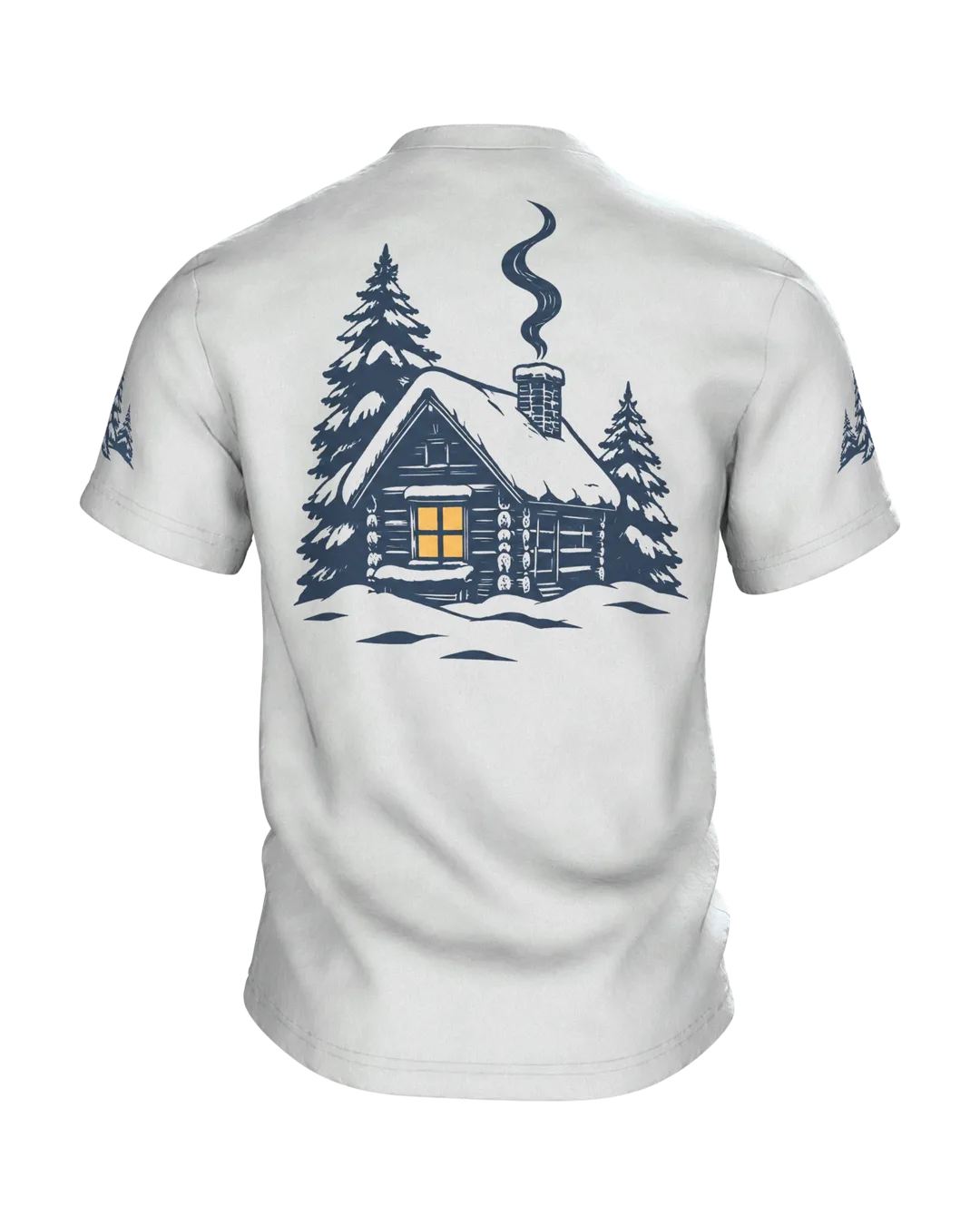 Winterwald T-Shirt: einsame Hütte im Winterwald bei Vollmond, nordischer Linolschnitt, Rückseite