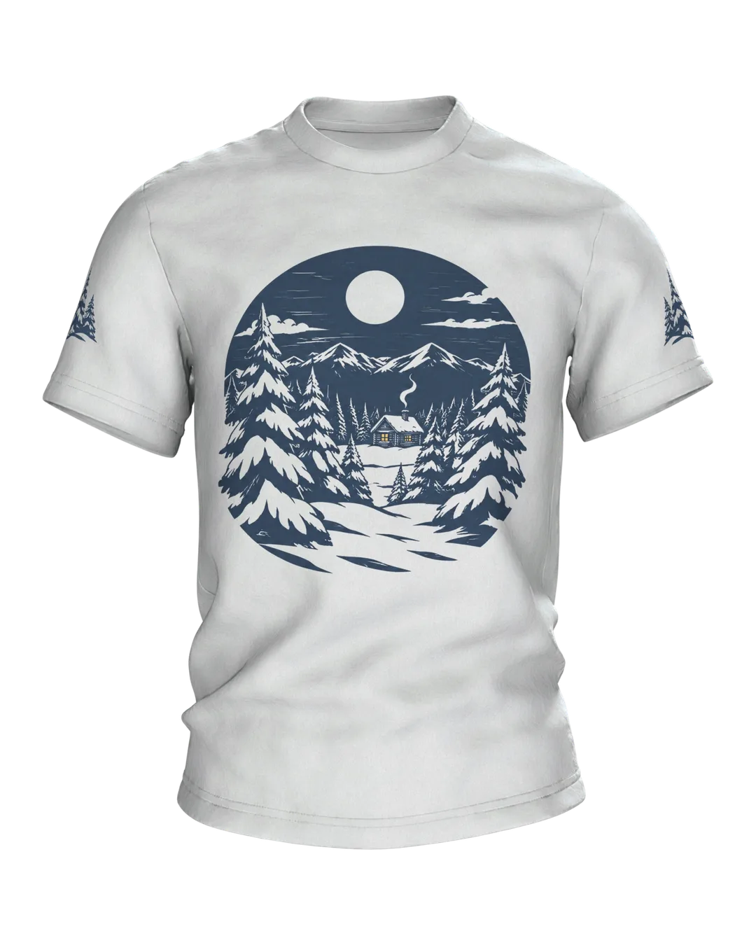 Winter Forest T-Shirt: Lonely Cabin in the Winter Forest Under a Full Moon, Nordic Linocut