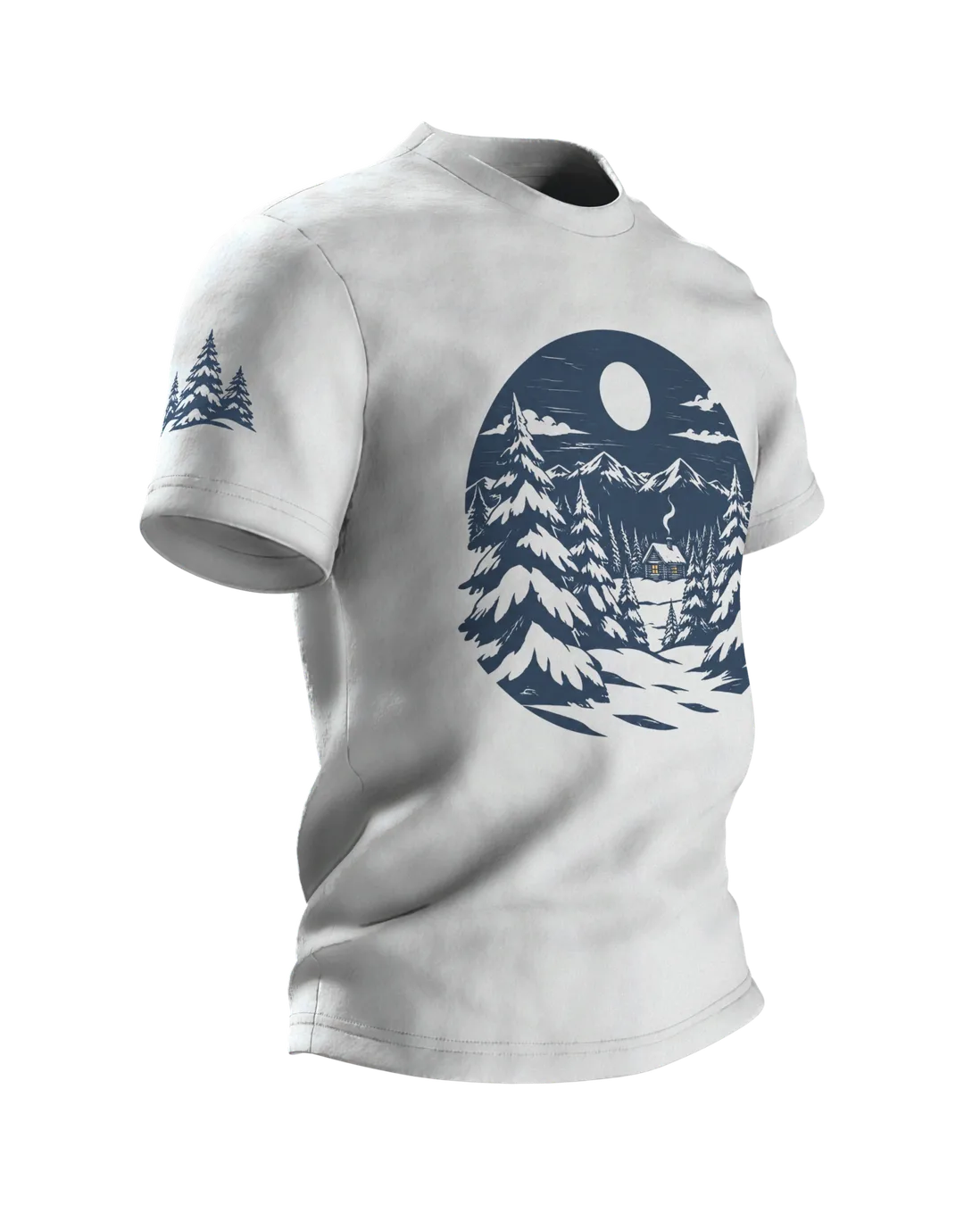 Winterwald T-Shirt: einsame Hütte im Winterwald bei Vollmond, nordischer Linolschnitt, Seitenansicht links