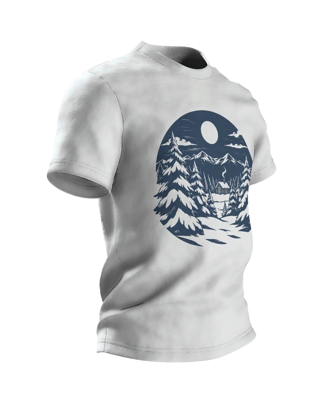 Winterwald T-Shirt: einsame Hütte im Winterwald bei Vollmond, nordischer Linolschnitt, Seitenansicht links