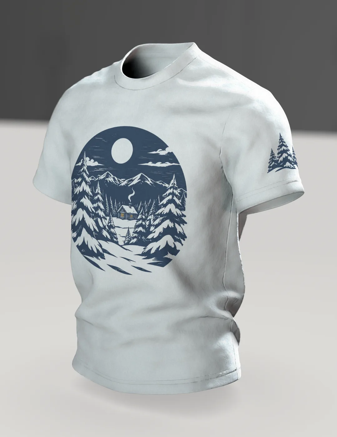 Winterwald T-Shirt: einsame Hütte im Winterwald bei Vollmond, nordischer Linolschnitt, Im Raum, schräg