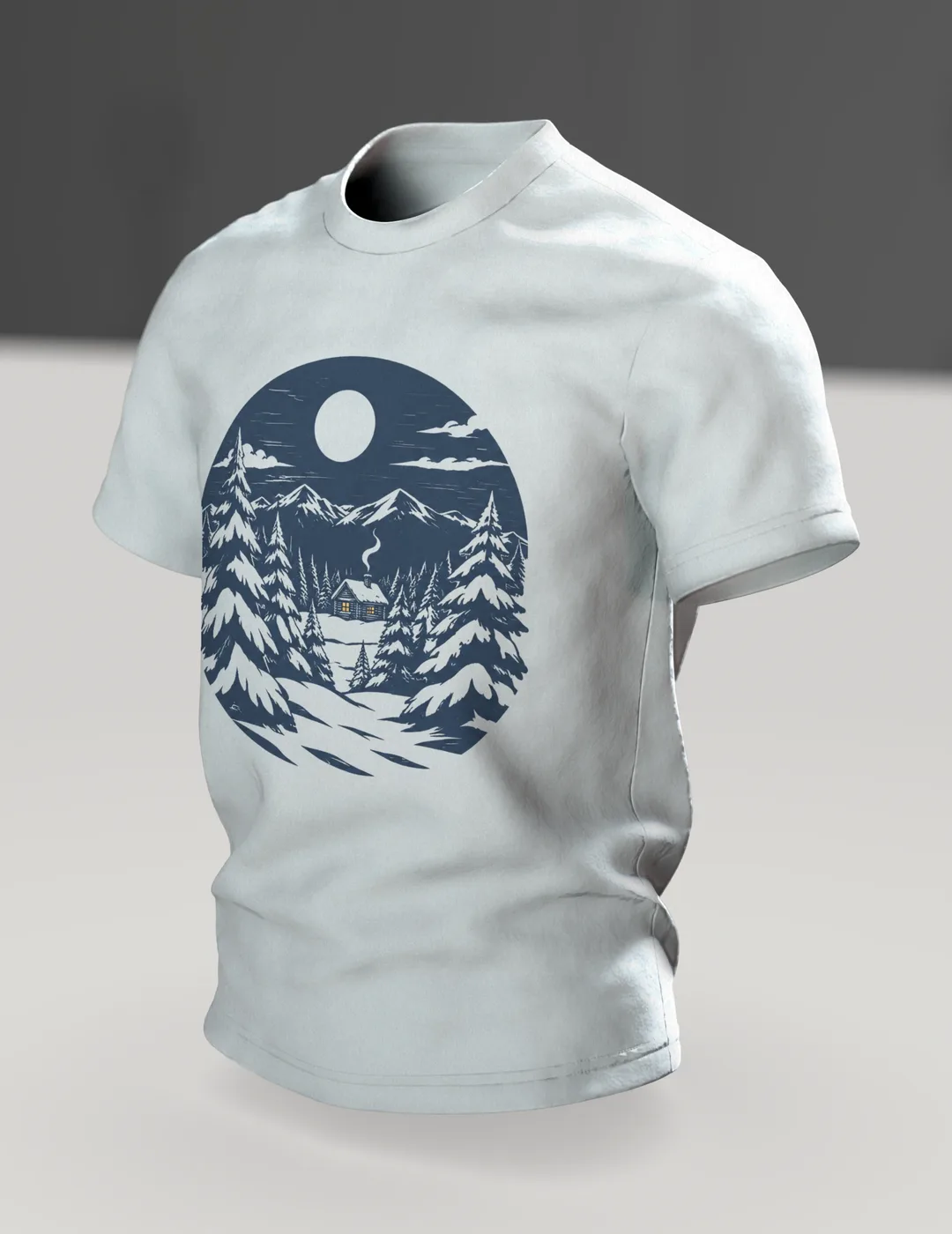 Winterwald T-Shirt: einsame Hütte im Winterwald bei Vollmond, nordischer Linolschnitt, Im Raum, schräg