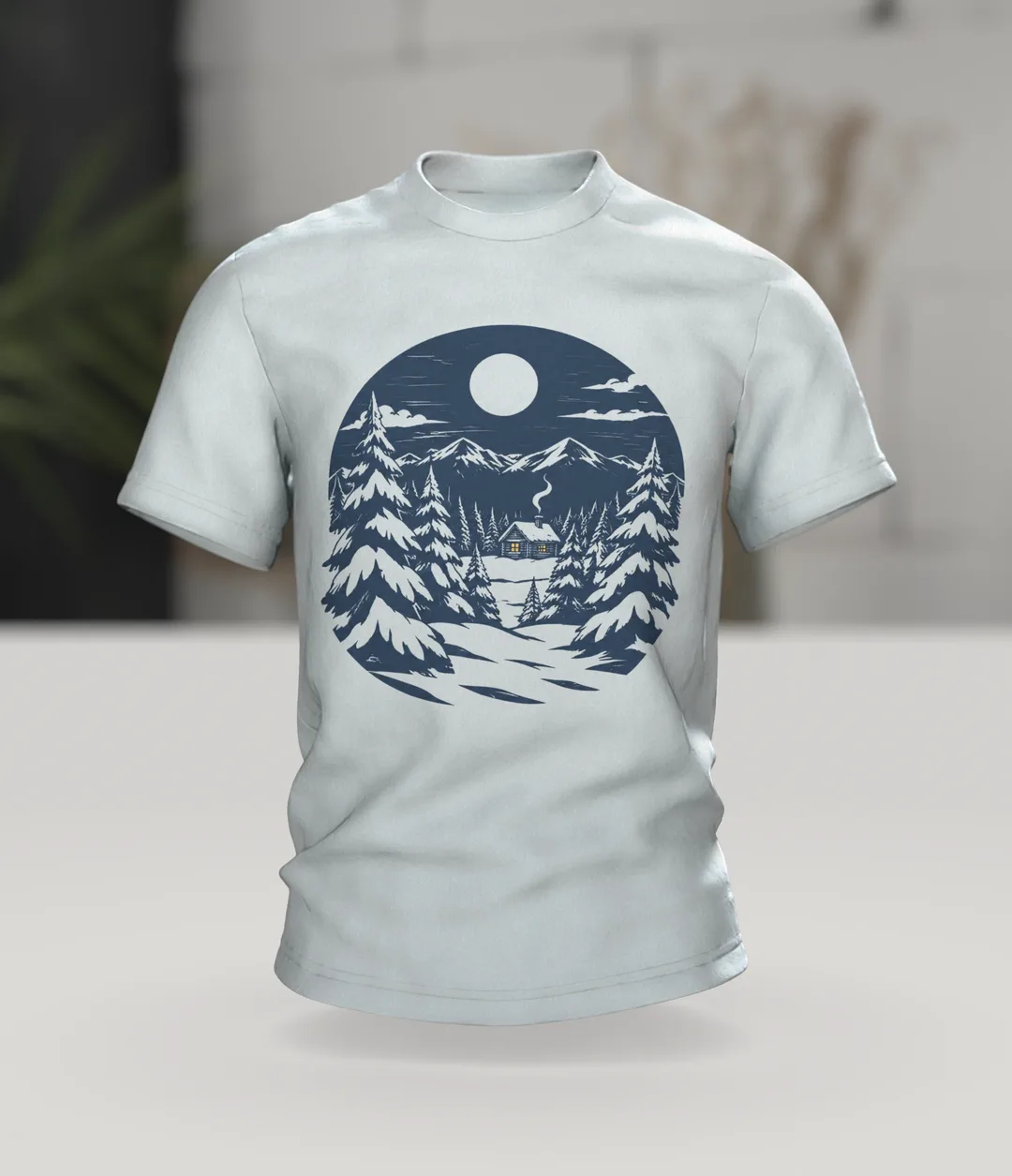 Winterwald T-Shirt: einsame Hütte im Winterwald bei Vollmond, nordischer Linolschnitt, Im Raum