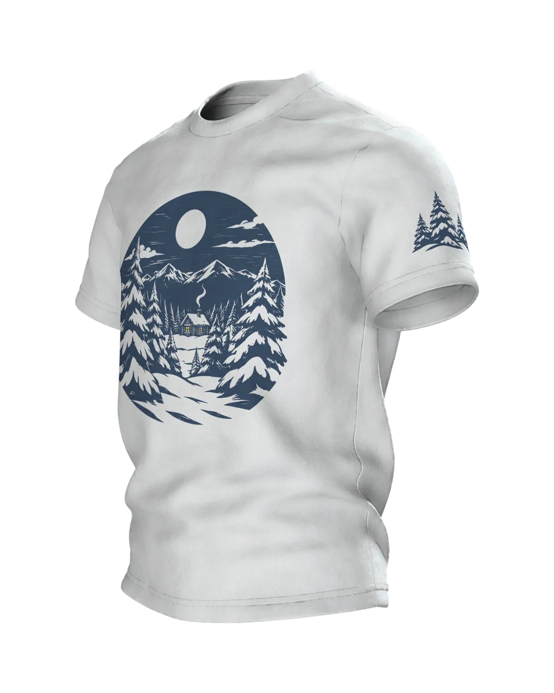 Winterwald T-Shirt: einsame Hütte im Winterwald bei Vollmond, nordischer Linolschnitt, Seitenansicht rechts