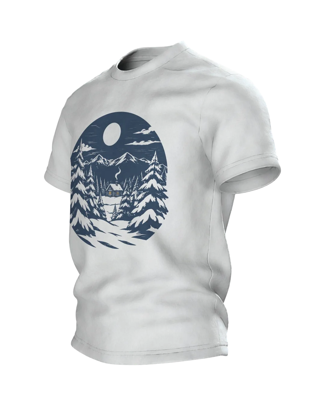 Winterwald T-Shirt: einsame Hütte im Winterwald bei Vollmond, nordischer Linolschnitt, Seitenansicht rechts