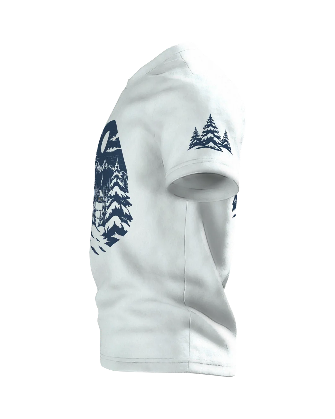 Winterwald T-Shirt: einsame Hütte im Winterwald bei Vollmond, nordischer Linolschnitt, Linker Ärmel