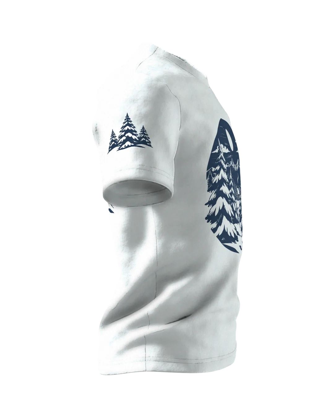 Winterwald T-Shirt: einsame Hütte im Winterwald bei Vollmond, nordischer Linolschnitt, Rechter Ärmel