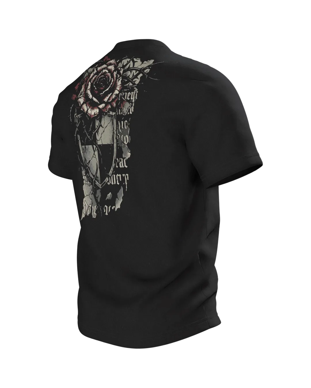 Gothic Dornenrose T-Shirt mit Wappenschild und Fraktur-Zeilen "Sacred Menace Obsession", Rückseite schräg links