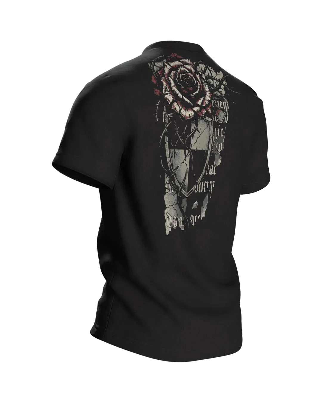 Gothic Dornenrose T-Shirt mit Wappenschild und Fraktur-Zeilen "Sacred Menace Obsession", Rückseite schräg rechts