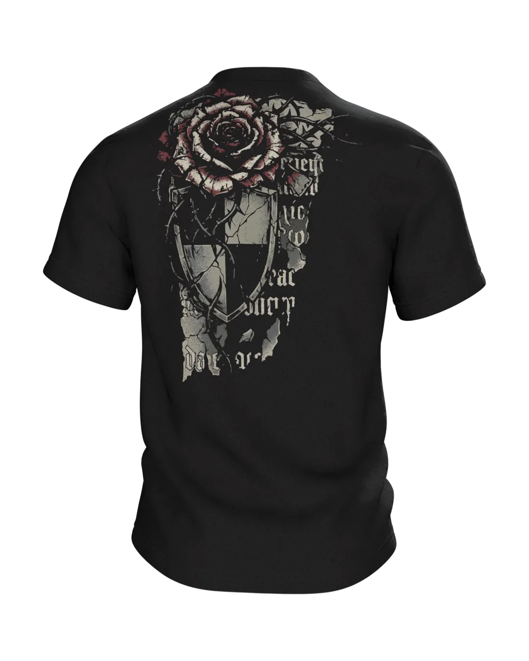 Gothic Dornenrose T-Shirt mit Wappenschild und Fraktur-Zeilen "Sacred Menace Obsession", Rückseite