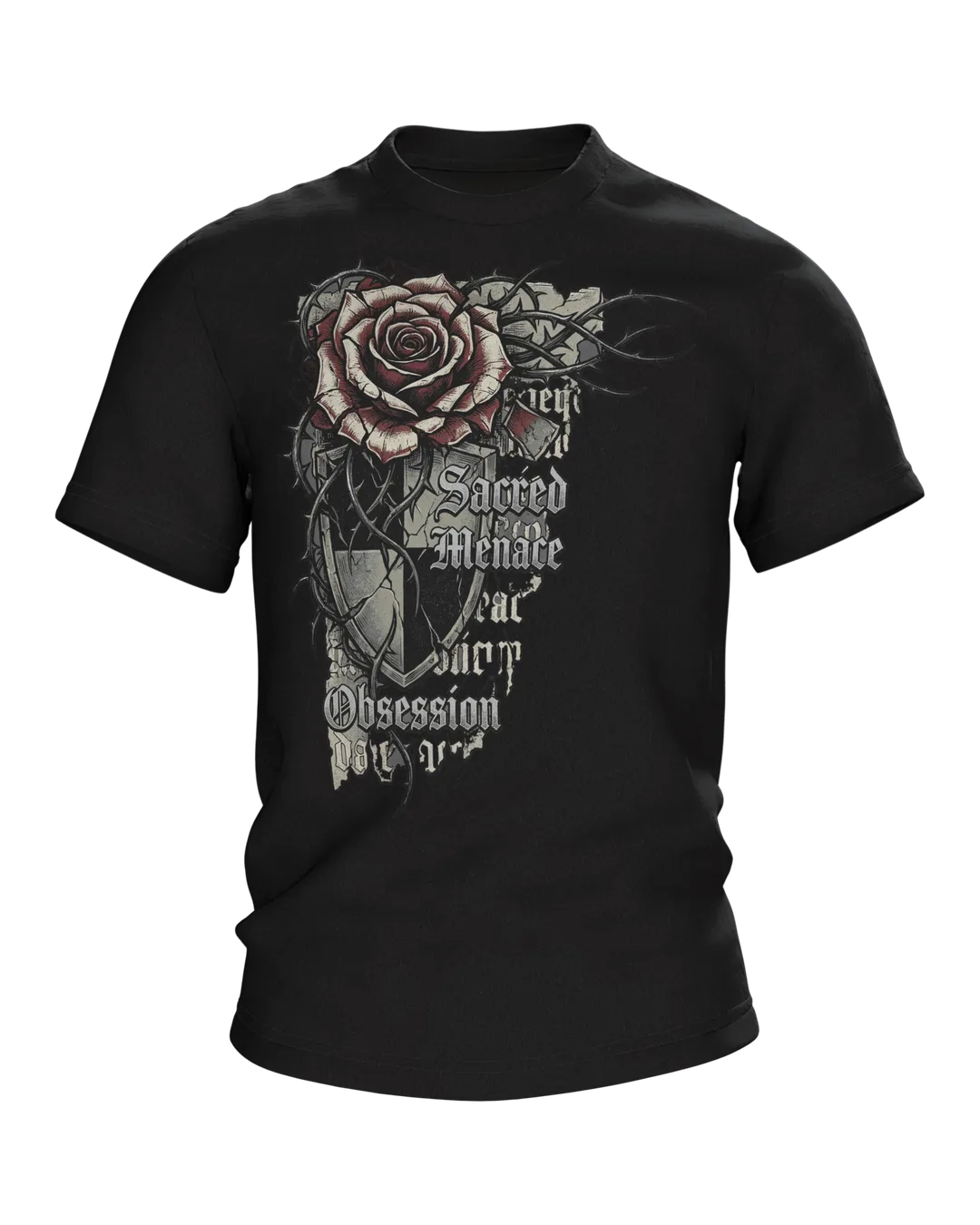 Gothic Dornenrose T-Shirt mit Wappenschild und Fraktur-Zeilen "Sacred Menace Obsession"
