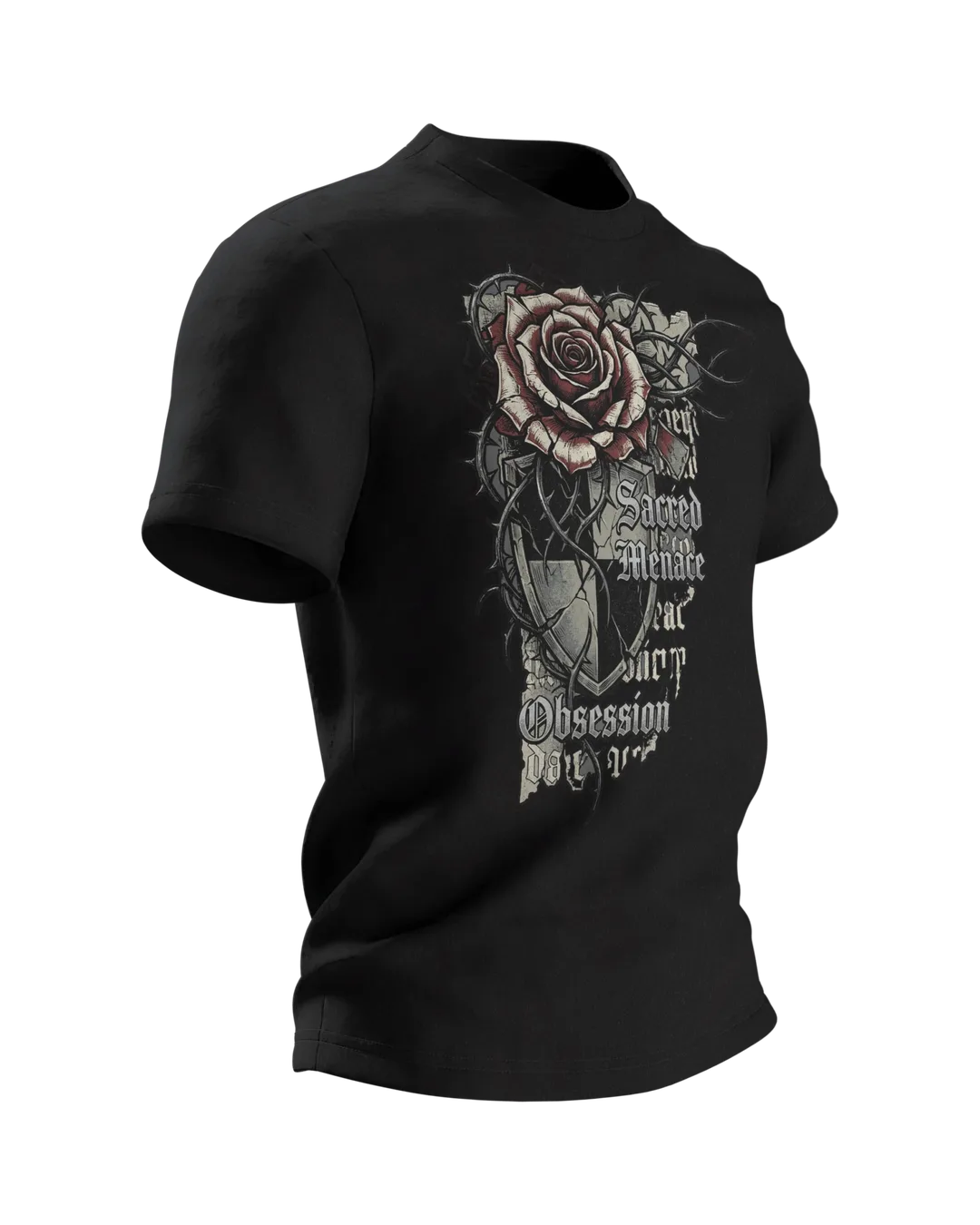 Gothic Dornenrose T-Shirt mit Wappenschild und Fraktur-Zeilen "Sacred Menace Obsession", Seitenansicht links