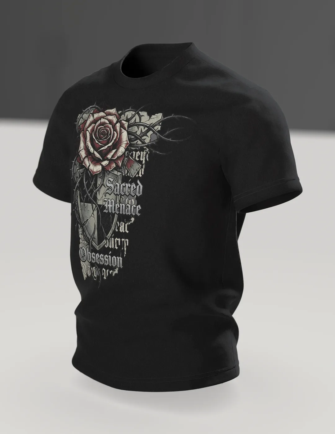 Gothic Dornenrose T-Shirt mit Wappenschild und Fraktur-Zeilen "Sacred Menace Obsession", Im Raum, schräg