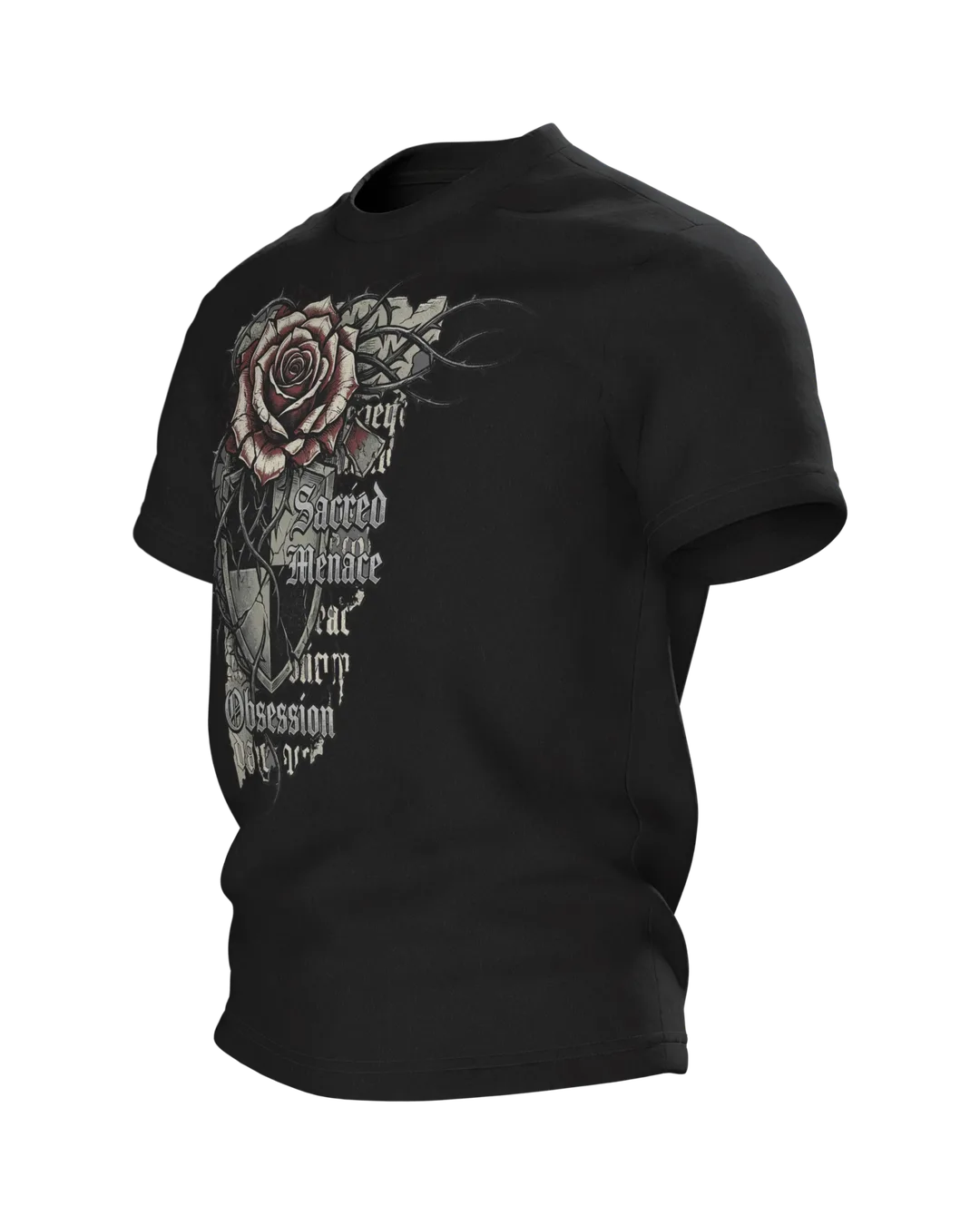 Gothic Dornenrose T-Shirt mit Wappenschild und Fraktur-Zeilen "Sacred Menace Obsession", Seitenansicht rechts