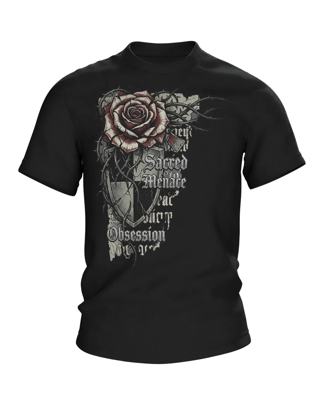 Gothic Thorn Rose T-shirt with Crest Shield and Blackletter Lines "Sacred Menace Obsession"