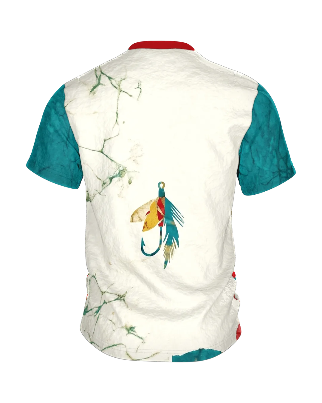 Angelköder Batik T-Shirt: Köder-Silhouetten im Patchwork, Rückseite