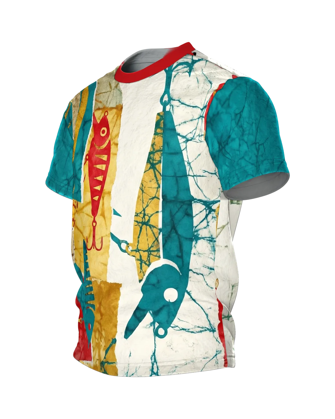 Angelköder Batik T-Shirt: Köder-Silhouetten im Patchwork, Seitenansicht rechts