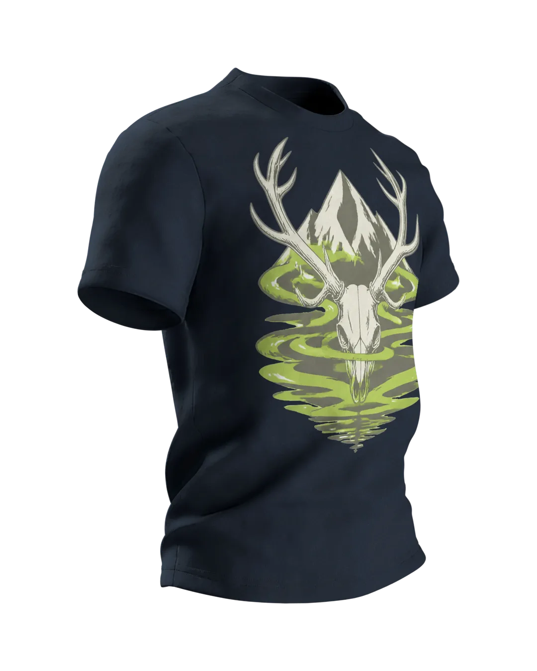 Jäger T-Shirt: Hirschschädel am Bergfluss, Seitenansicht links