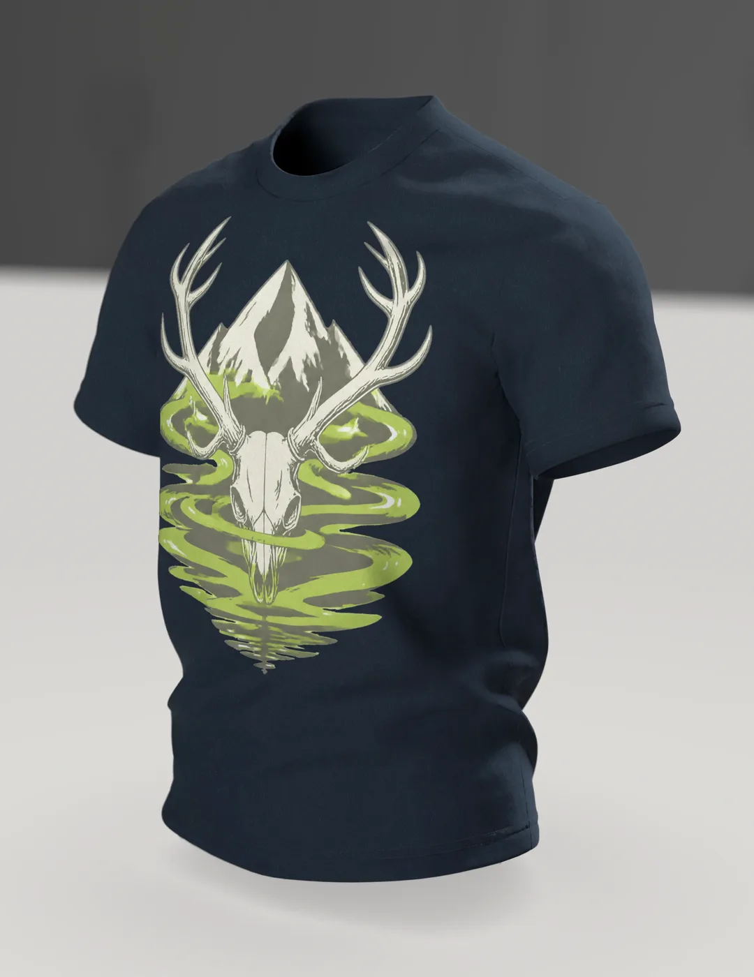 Jäger T-Shirt: Hirschschädel am Bergfluss, Im Raum, schräg