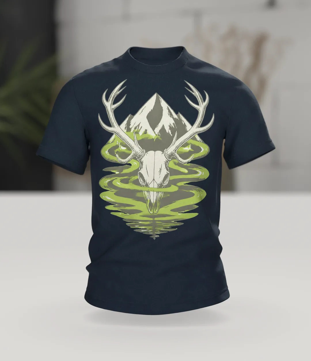 Jäger T-Shirt: Hirschschädel am Bergfluss, Im Raum