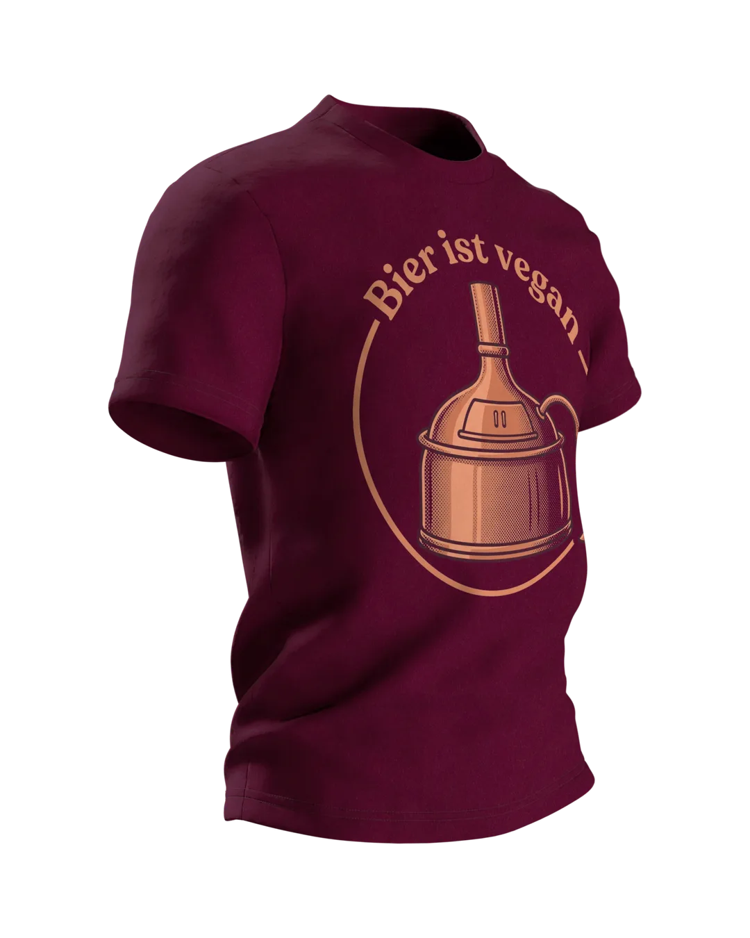 Braukessel T-Shirt "Bier ist vegan", Kupferkessel-Emblem im Retro-Stil, Seitenansicht links