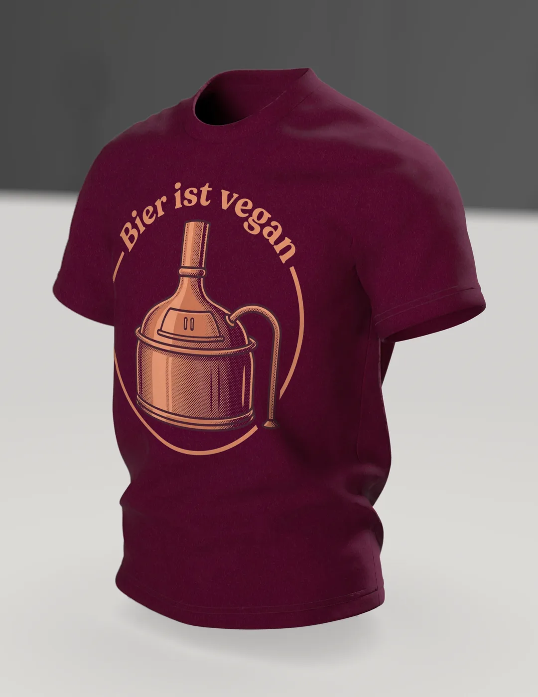 Braukessel T-Shirt "Bier ist vegan", Kupferkessel-Emblem im Retro-Stil, Im Raum, schräg