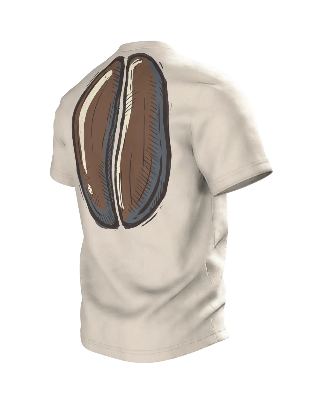 Kaffee. Dann reden wir. T-shirt: coffee cup with steam and a coffee bean on the back, Back, angled left