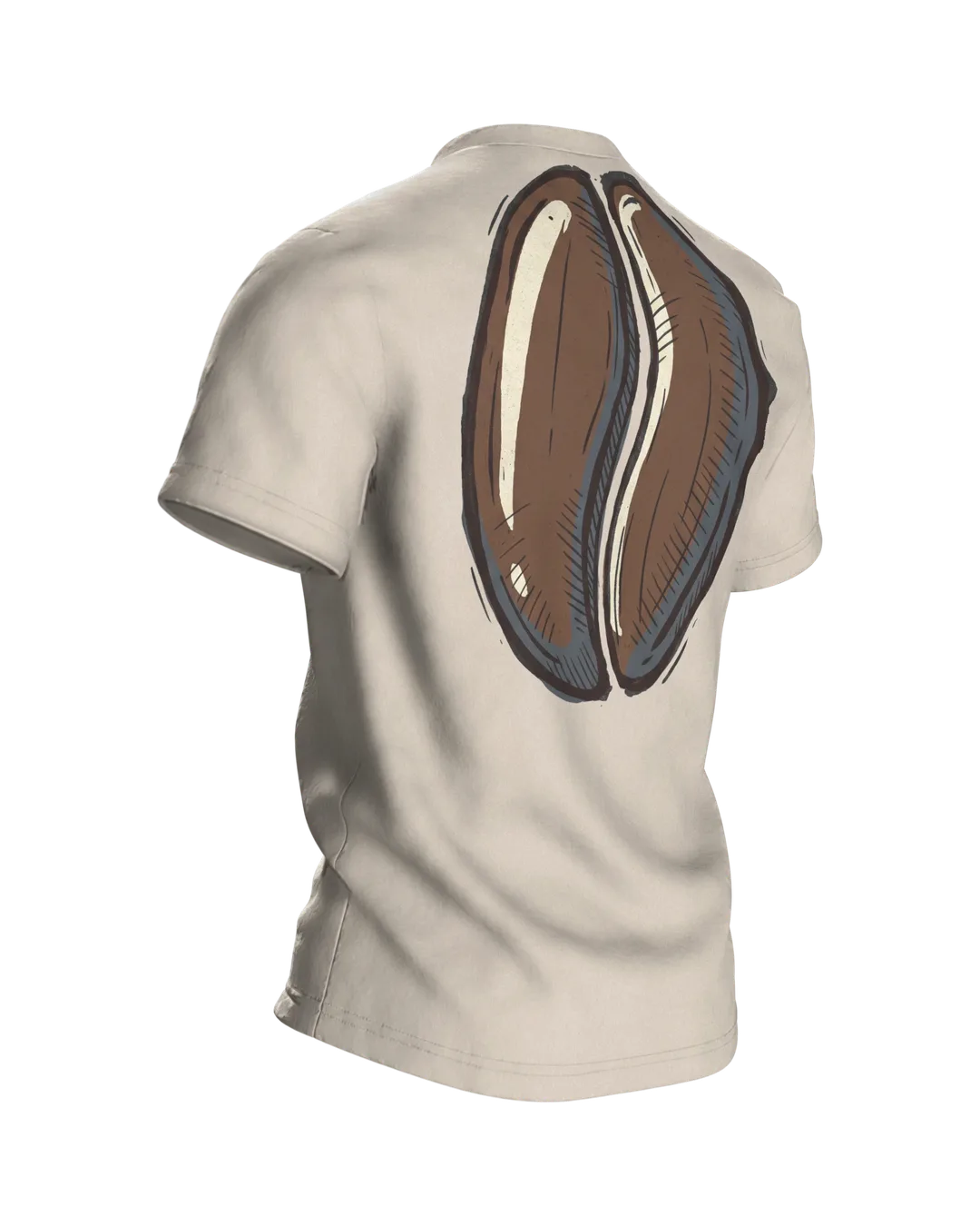 Kaffee. Dann reden wir. T-shirt: coffee cup with steam and a coffee bean on the back, Back, angled right