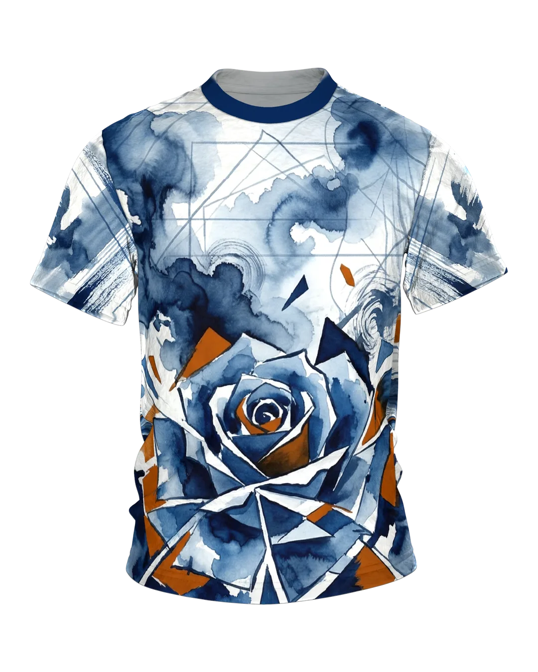 Polygon Rose T-Shirt, Aquarell-Rose in geometrischen Scherben, Splitter-Komposition am Rücken
