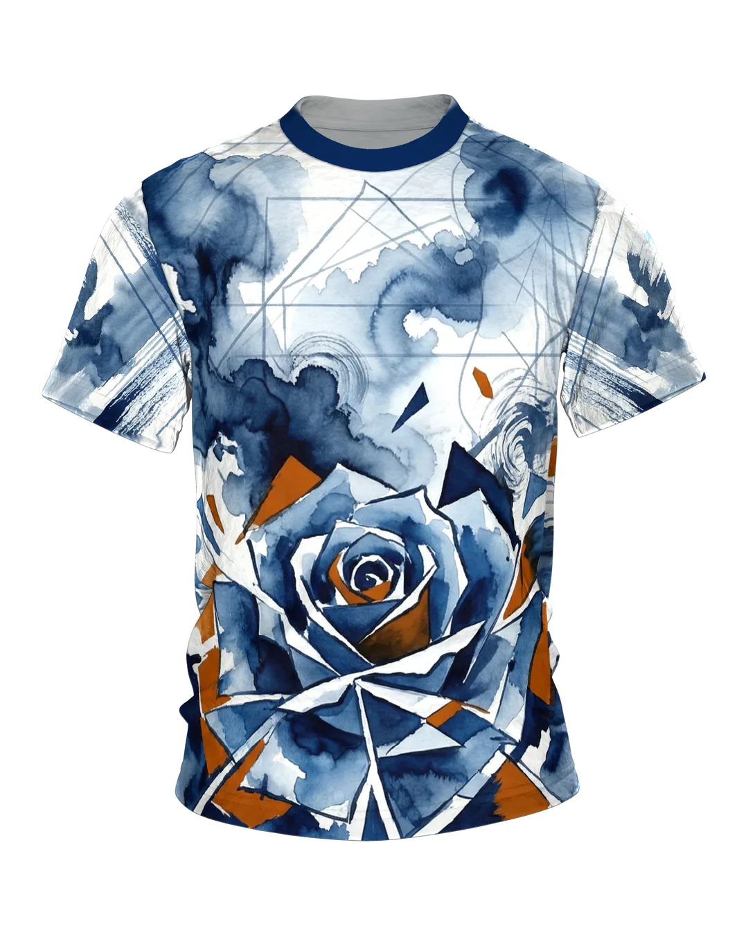 Polygon Rose T-shirt, Watercolor Rose in Geometric Shards, Splinter Composition on the Back