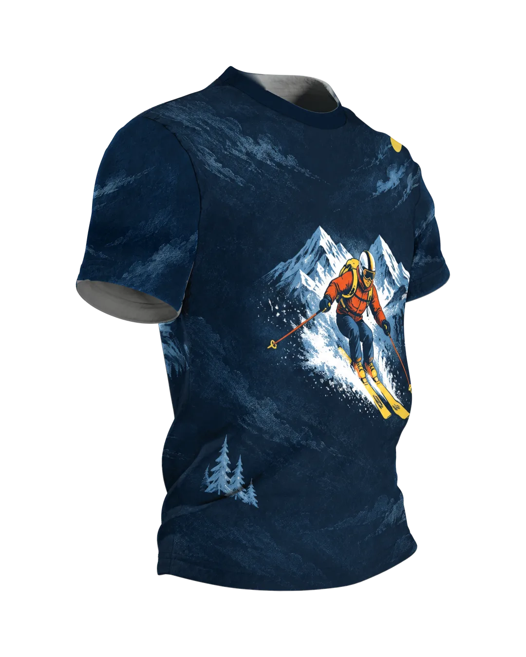 Retro Skier Alpine Panorama T-Shirt: night blue with a skier in orange red, a cable car gondola on the back, printed all over, Side view, left
