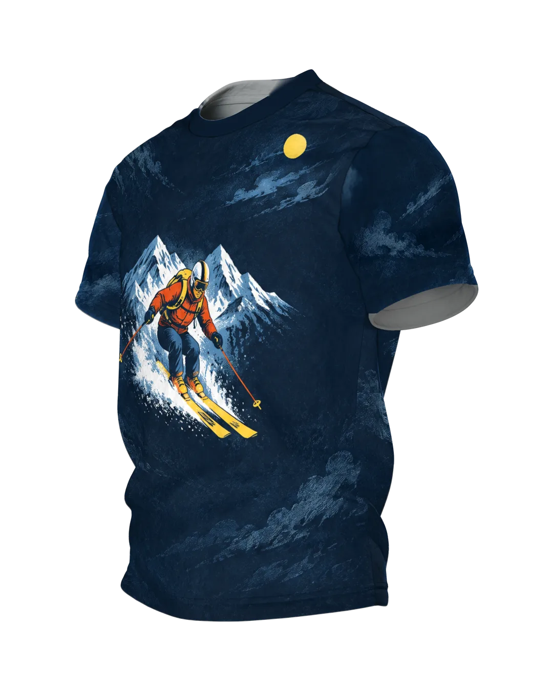 Retro Skier Alpine Panorama T-Shirt: night blue with a skier in orange red, a cable car gondola on the back, printed all over, Side view, right