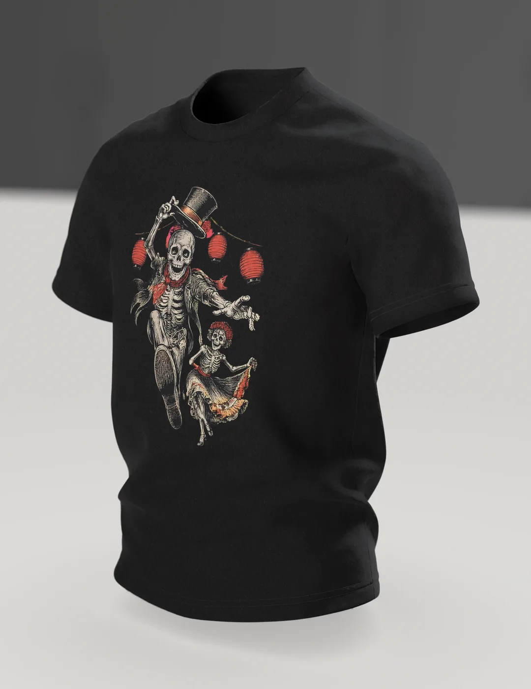 Dancing Skeleton T-shirt: Skeleton Tips His Top Hat, In context, angled