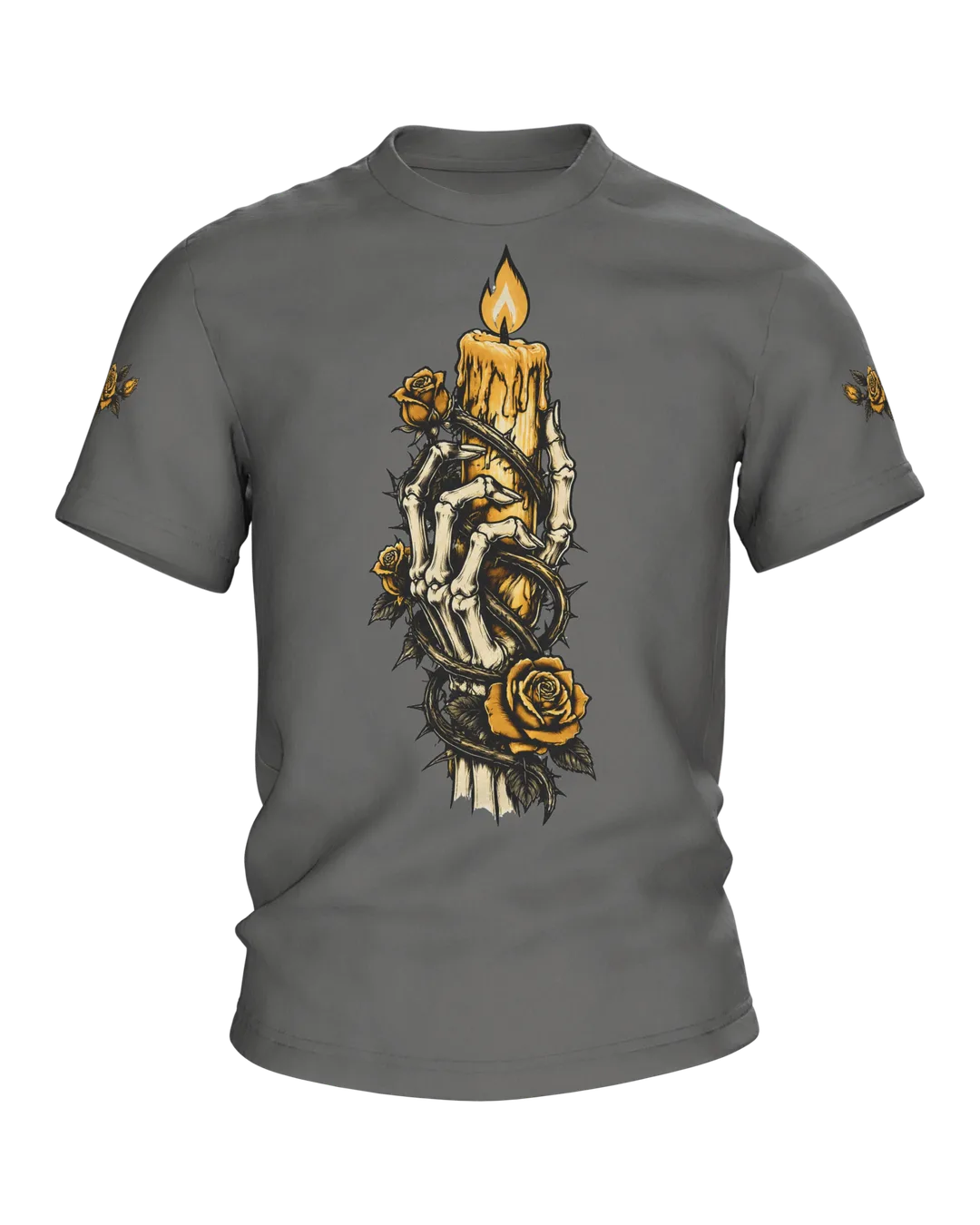Skelett Hand mit Kerze und Rosen T-Shirt, Tattoo-Flash-Stil in Schwarz und Gold