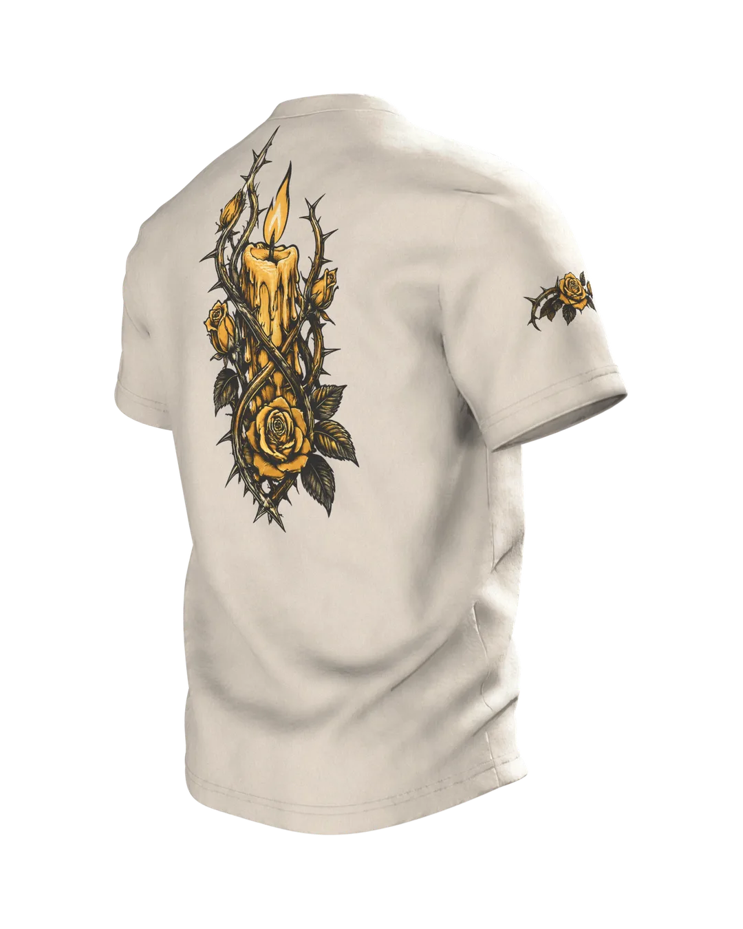 Skeleton Hand with Candle and Roses T-Shirt, Tattoo Flash Style in Black and Gold, Back, angled left