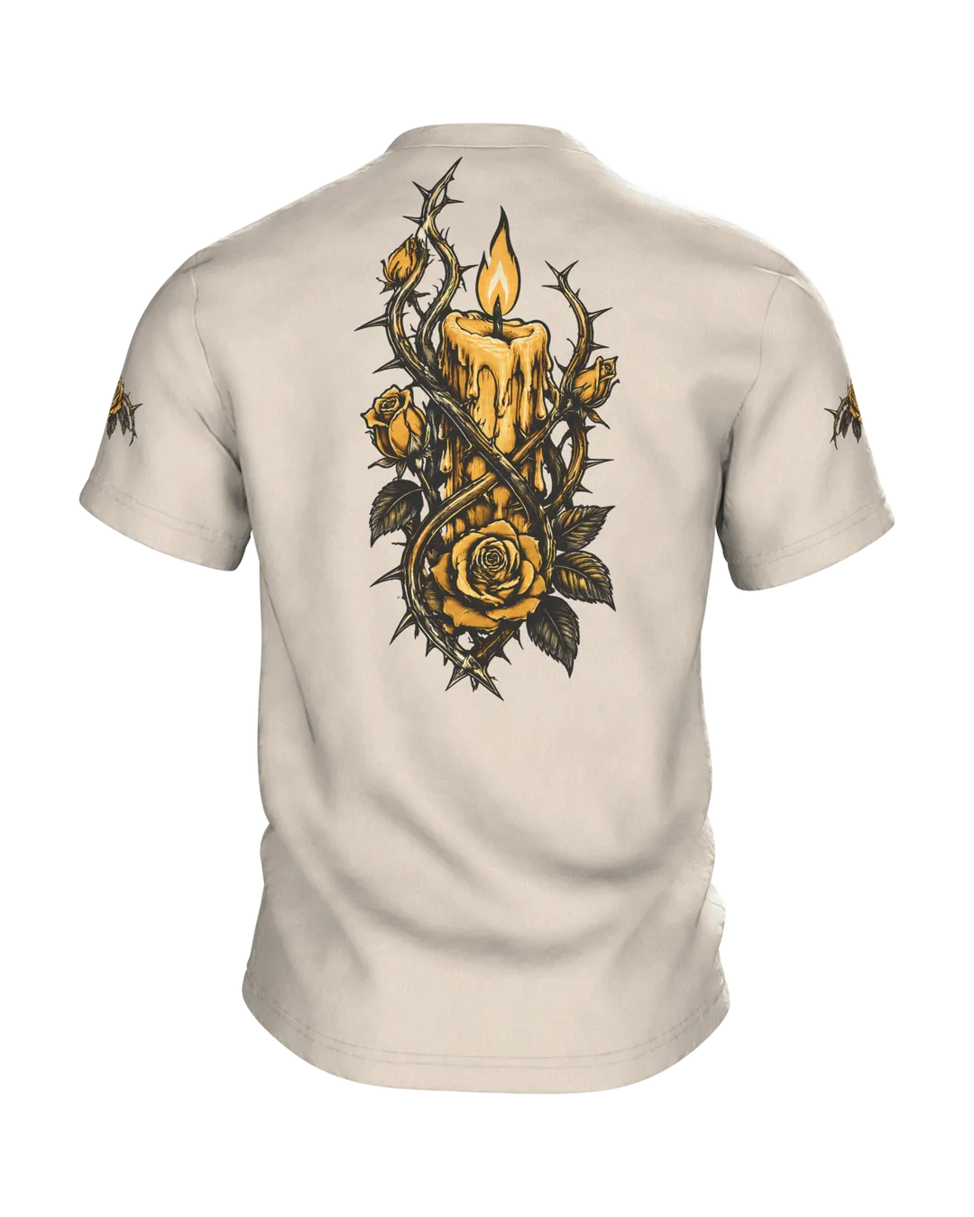 Skeleton Hand with Candle and Roses T-Shirt, Tattoo Flash Style in Black and Gold, Back
